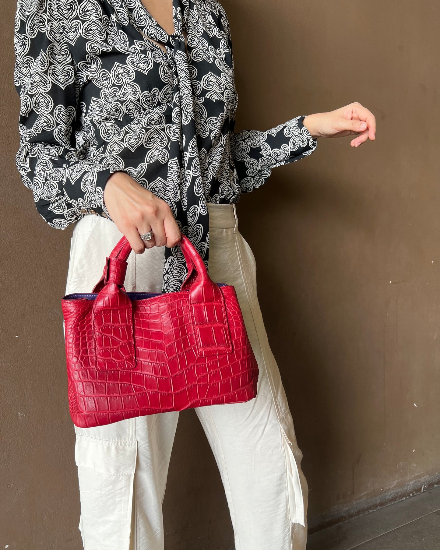 Person holding a red handbag against a brown background